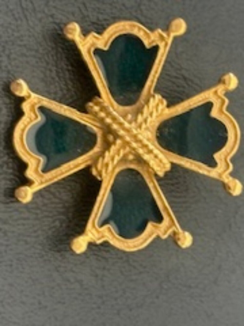 Gold tone Maltese cross brooch-Blue enamel inlay & braided "X" design in center